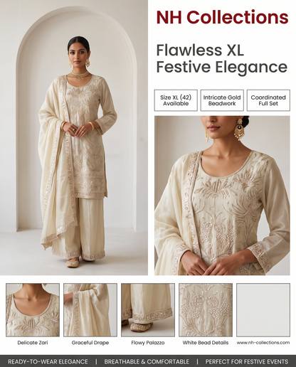 Women's ivory embroidered bead work kurta with pallazo in XL