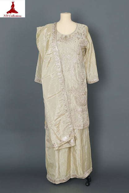 Women's ivory embroidered bead work kurta with pallazo in XL