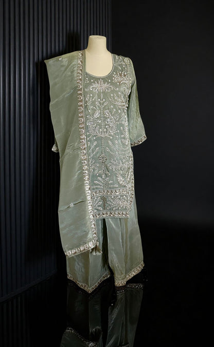 Women's mint green embroidered bead work kurta with pallazo in XL