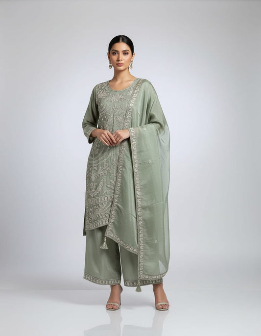 Women's mint green embroidered bead work kurta with pallazo in XL