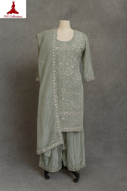 Women's mint green embroidered bead work kurta with pallazo in XL