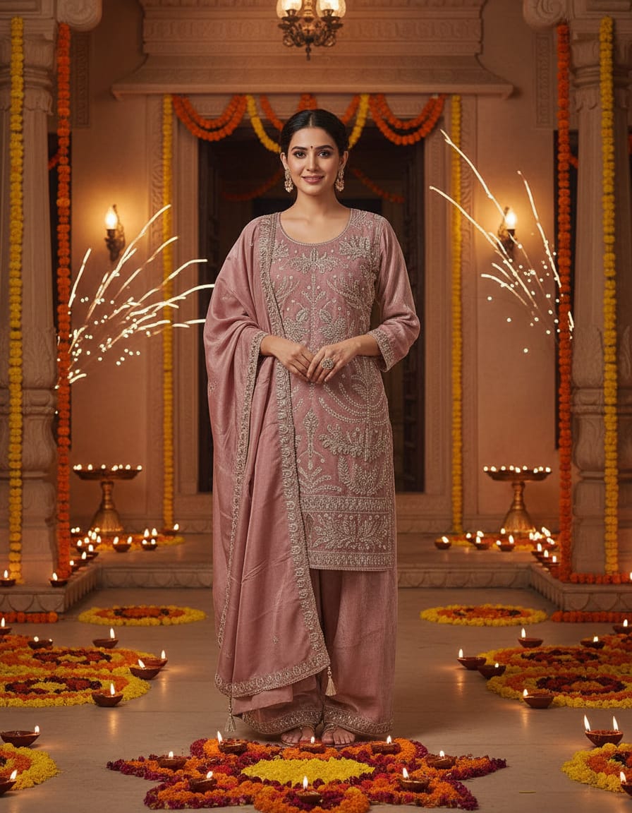 Women's baby pink embroidered bead work kurta with pallazo in 2XL
