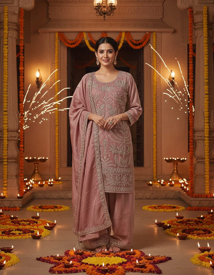 Women's baby pink embroidered bead work kurta with pallazo in 2XL