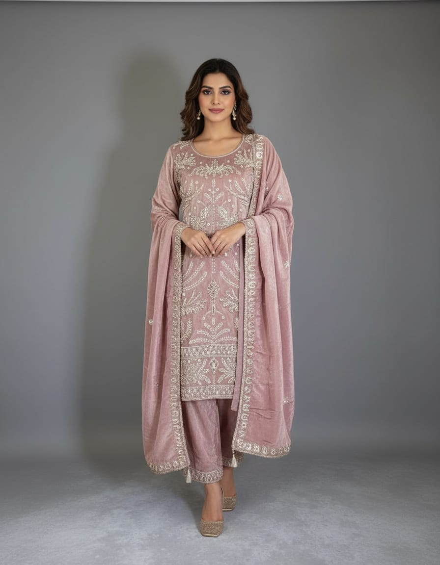 Women's baby pink embroidered bead work kurta with pallazo in 2XL