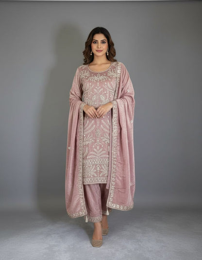Women's baby pink embroidered bead work kurta with pallazo in 2XL