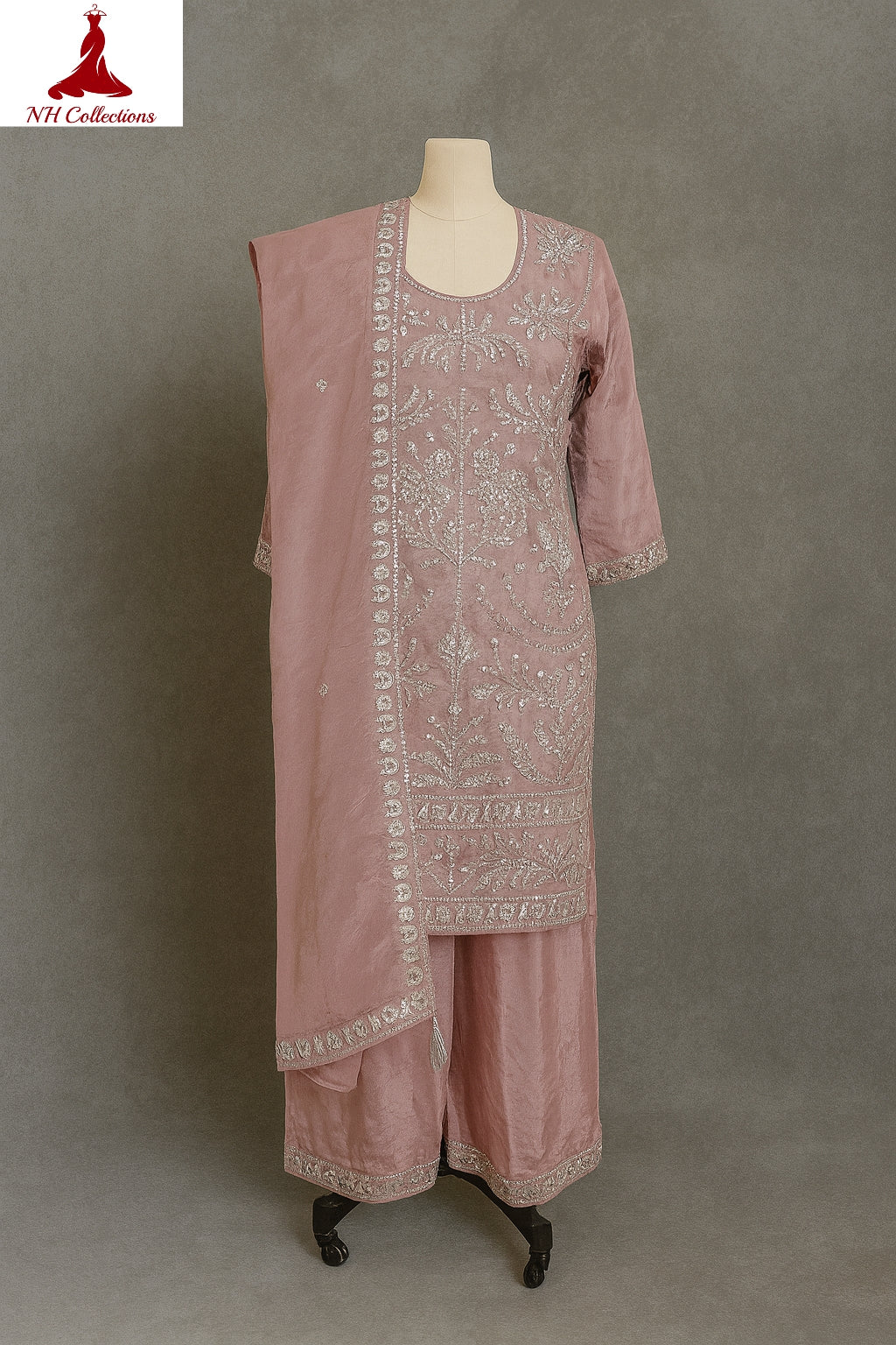 Women's baby pink embroidered bead work kurta with pallazo in 2XL