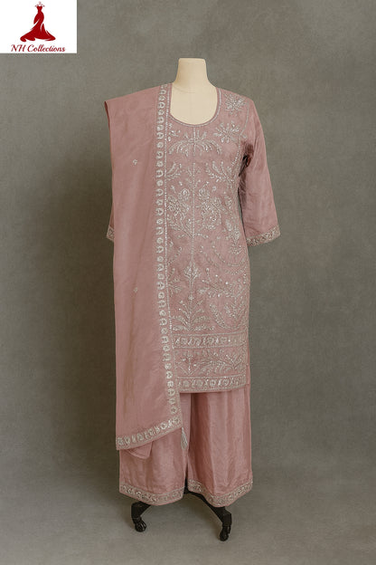 Women's baby pink embroidered bead work kurta with pallazo in 2XL