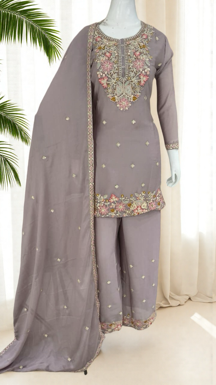Women's Mauve color chinon pallazo set in L & XL