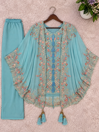 Women's Embroidered Georgette 3-Piece Palazzo Set with Detachable Shrug (M & L)