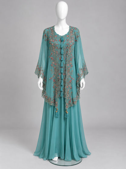 Women's Embroidered Georgette 3-Piece Palazzo Set with Detachable Shrug (M & L)