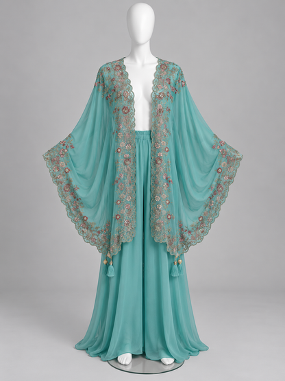 Women's Embroidered Georgette 3-Piece Palazzo Set with Detachable Shrug (M & L)
