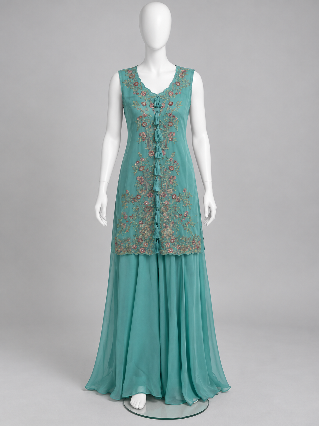 Women's Embroidered Georgette 3-Piece Palazzo Set with Detachable Shrug (M & L)