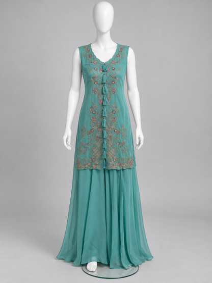 Women's Embroidered Georgette 3-Piece Palazzo Set with Detachable Shrug (M & L)