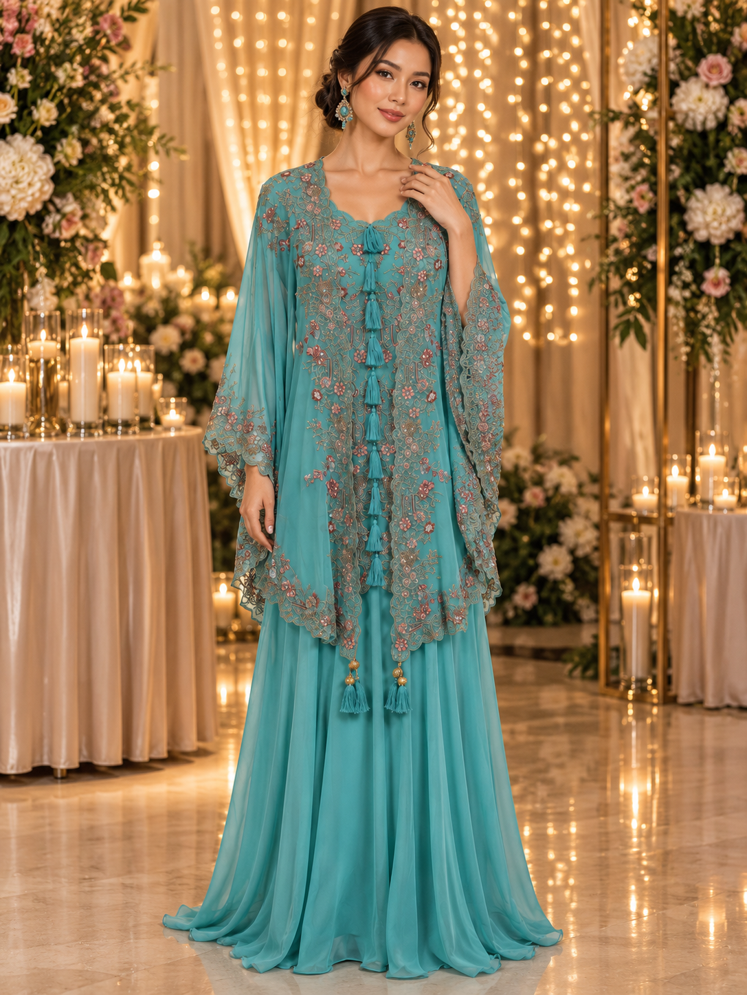 Women's Embroidered Georgette 3-Piece Palazzo Set with Detachable Shrug (M & L)