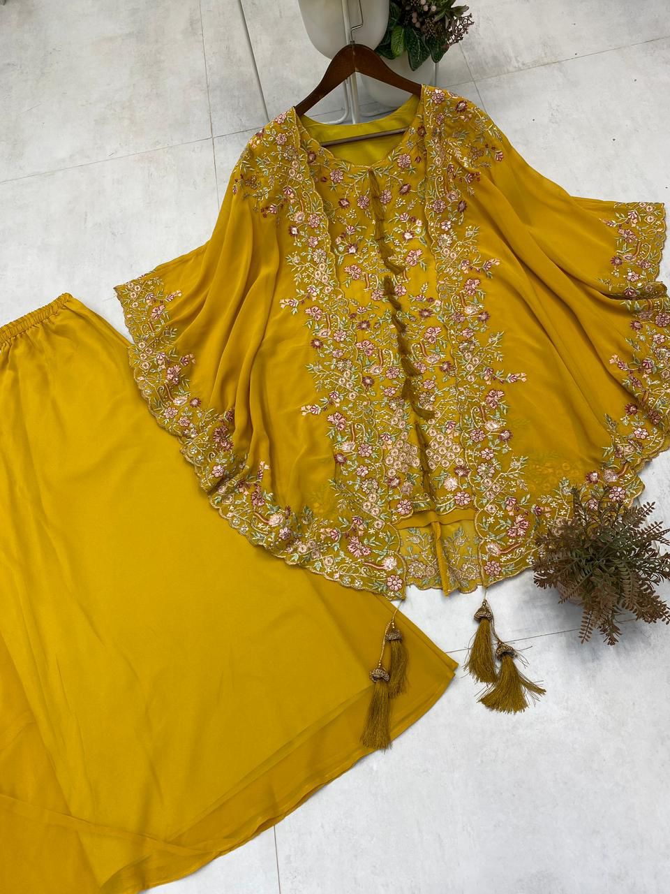 Women's Embroidered Georgette 3-Piece Palazzo Set with Detachable Shrug (M & L)