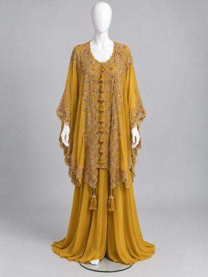 Women's Embroidered Georgette 3-Piece Palazzo Set with Detachable Shrug (M & L)