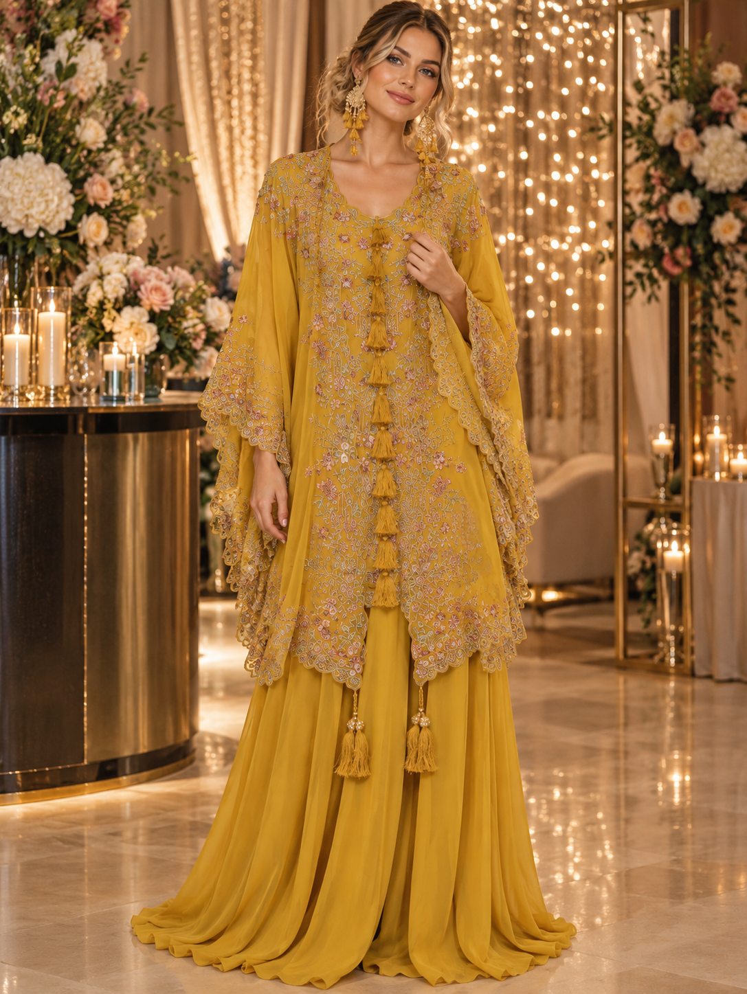 Women's Embroidered Georgette 3-Piece Palazzo Set with Detachable Shrug (M & L)
