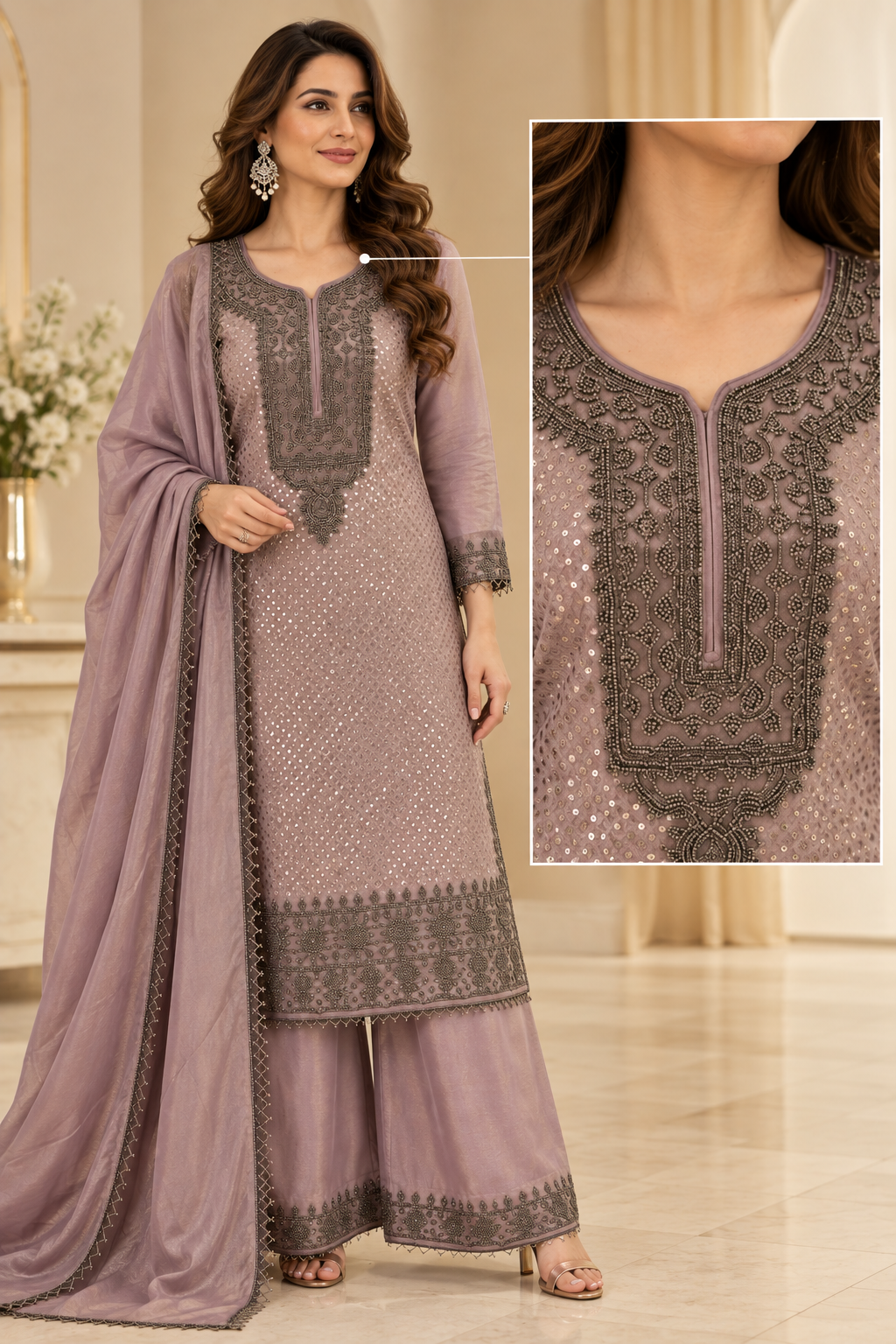 Women's Elegant Shimmer Gold Embroidered Pakistani Palazzo Set in XL