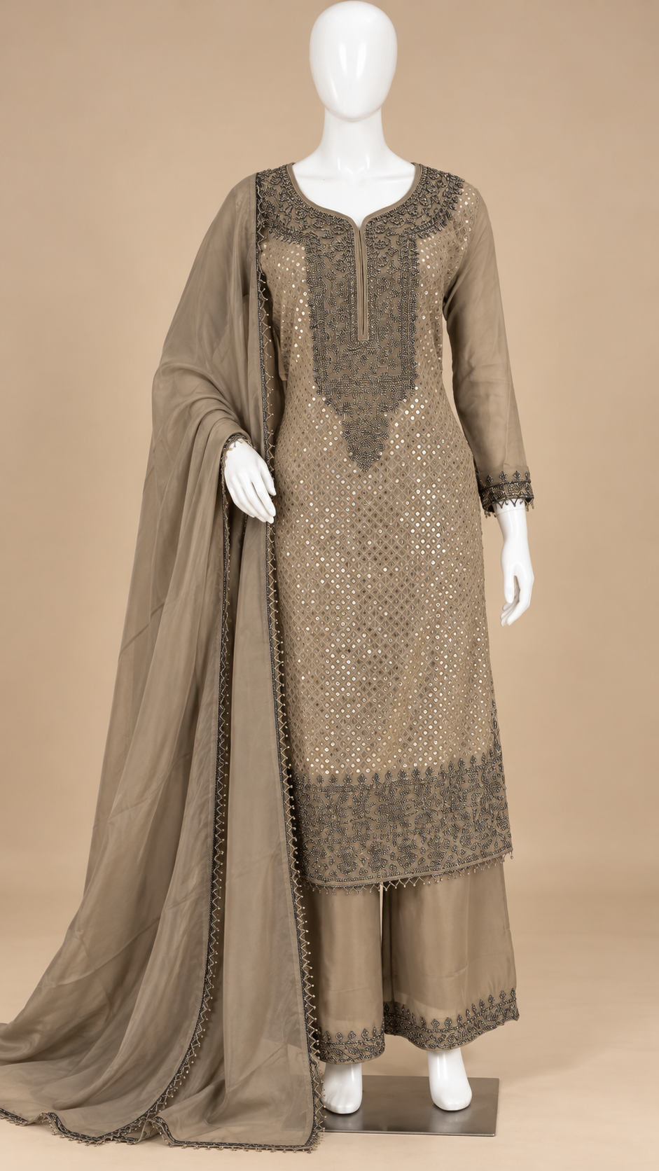 Women's Elegant Shimmer Gold Embroidered Pakistani Palazzo Set in XL