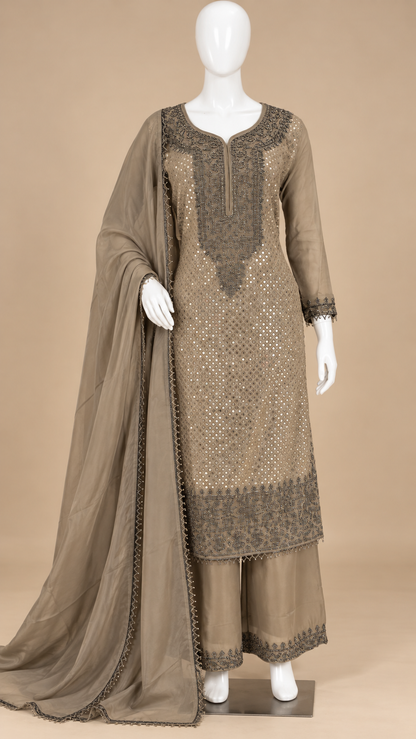 Women's Elegant Shimmer Gold Embroidered Pakistani Palazzo Set in XL