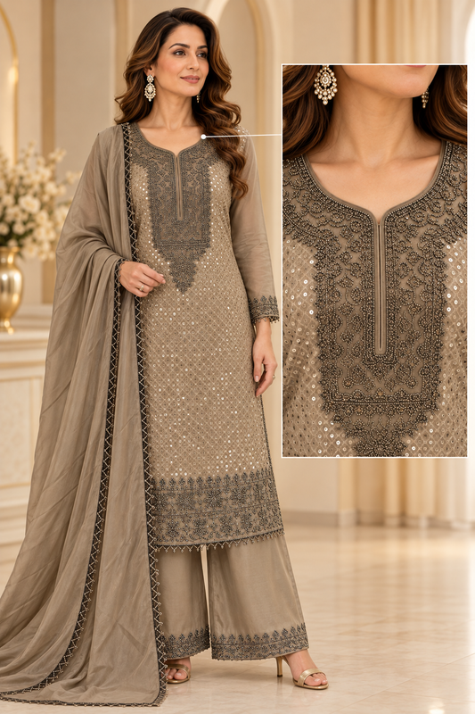 Women's Elegant Shimmer Gold Embroidered Pakistani Palazzo Set in XL