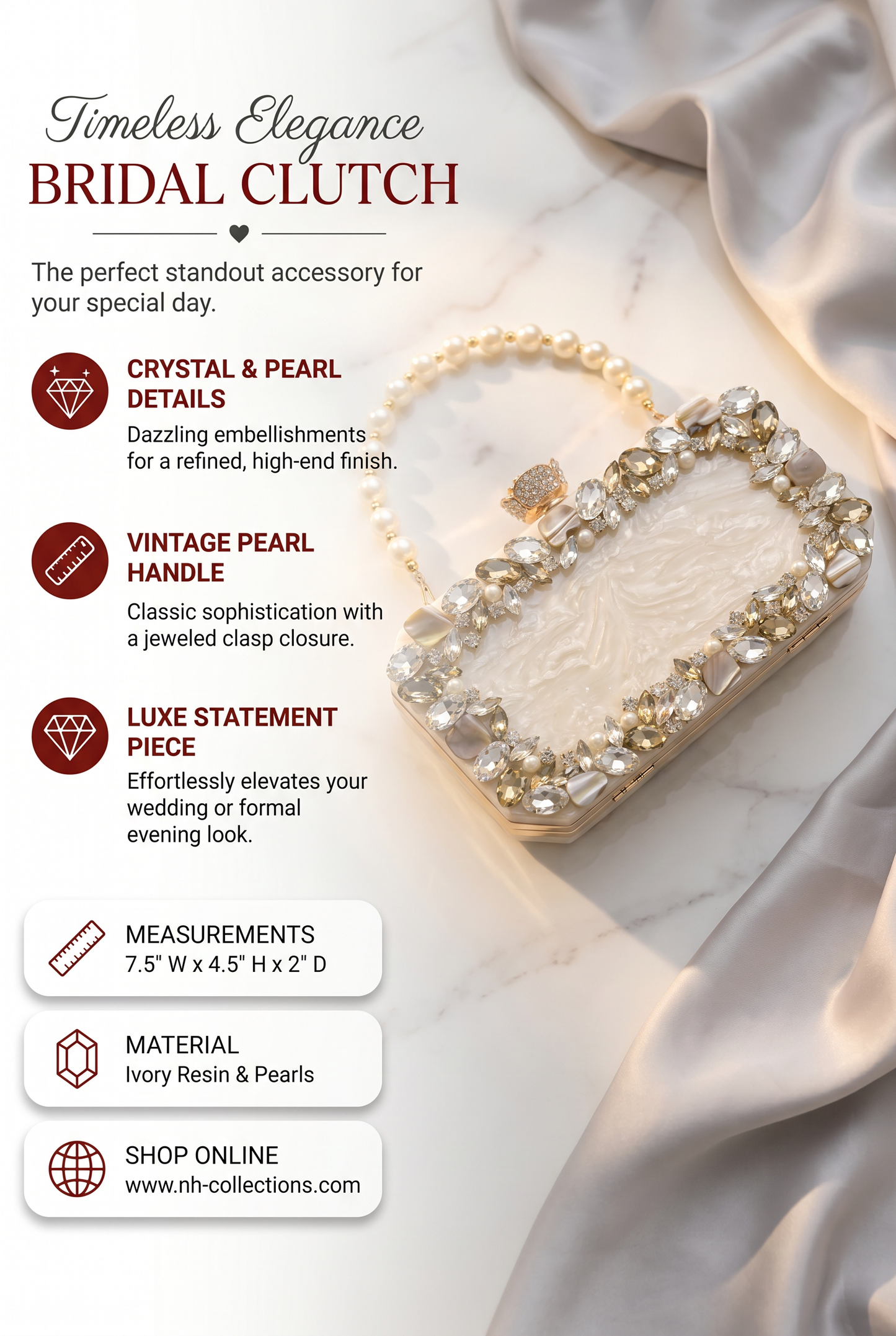 Women's Ivory Resin Clutch with Pearls & Crystals – Bridal Wedding Evening Purse
