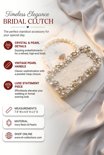 Women's Ivory Resin Clutch with Pearls & Crystals – Bridal Wedding Evening Purse