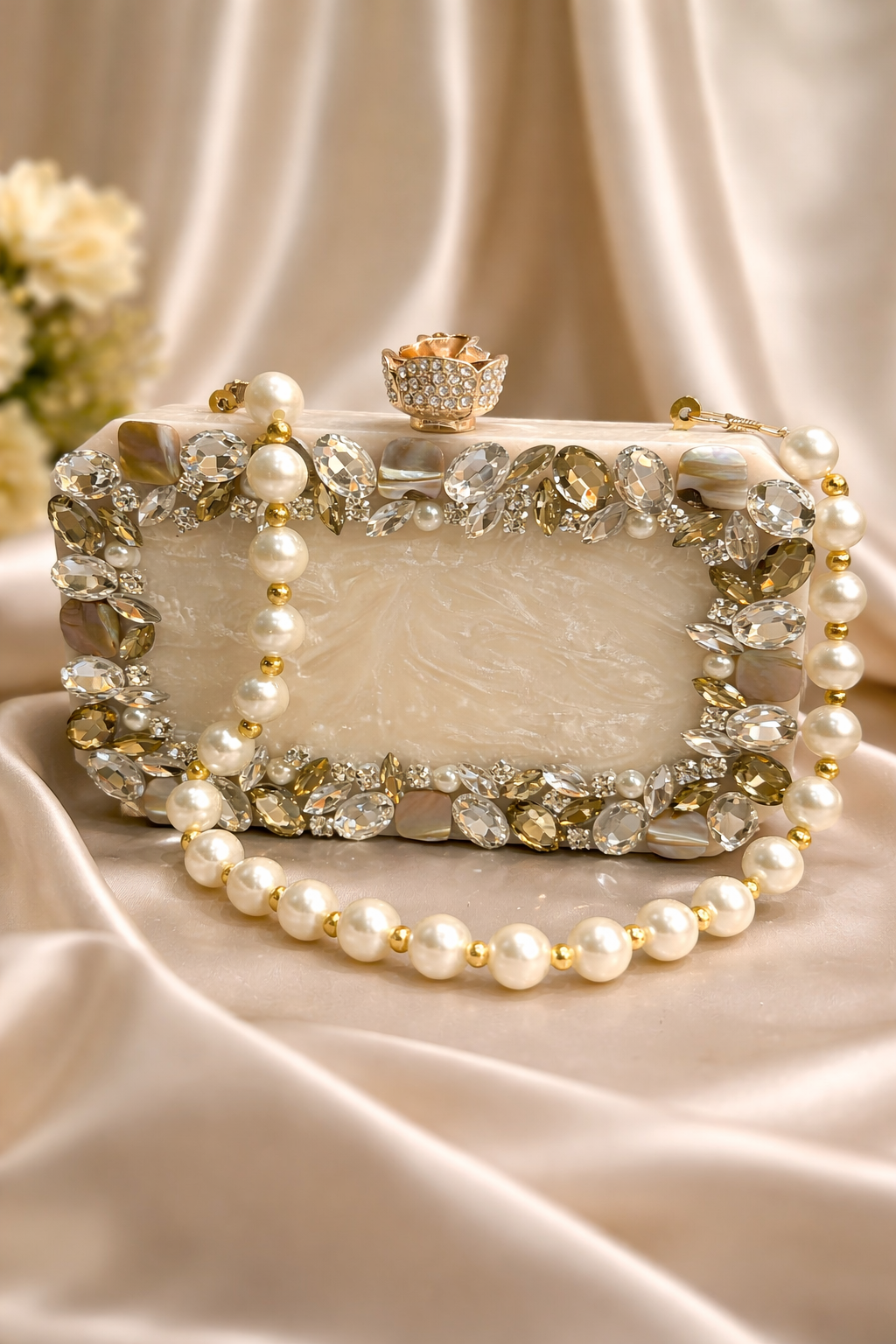 Women's Ivory Resin Clutch with Pearls & Crystals – Bridal Wedding Evening Purse