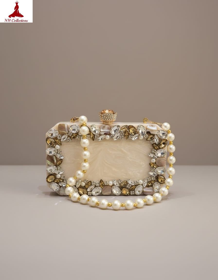 Women's Ivory Resin Clutch with Pearls & Crystals – Bridal Wedding Evening Purse