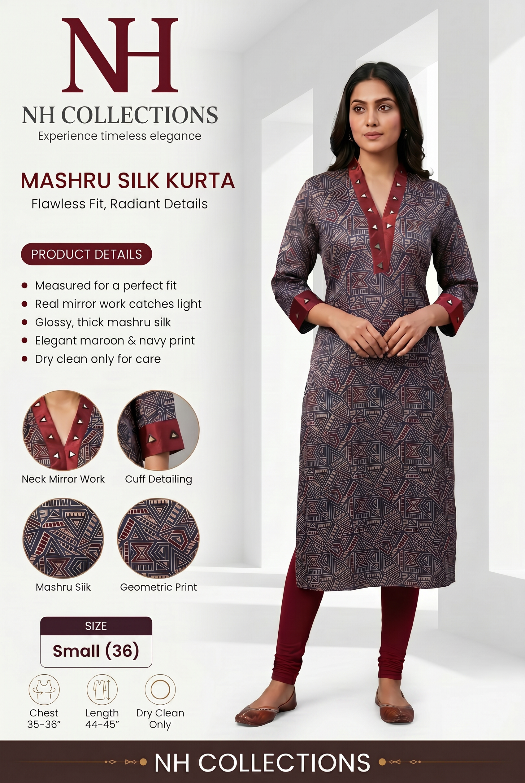 Women's kurta in mashru silk with mirror work in S - sleeve and design detail