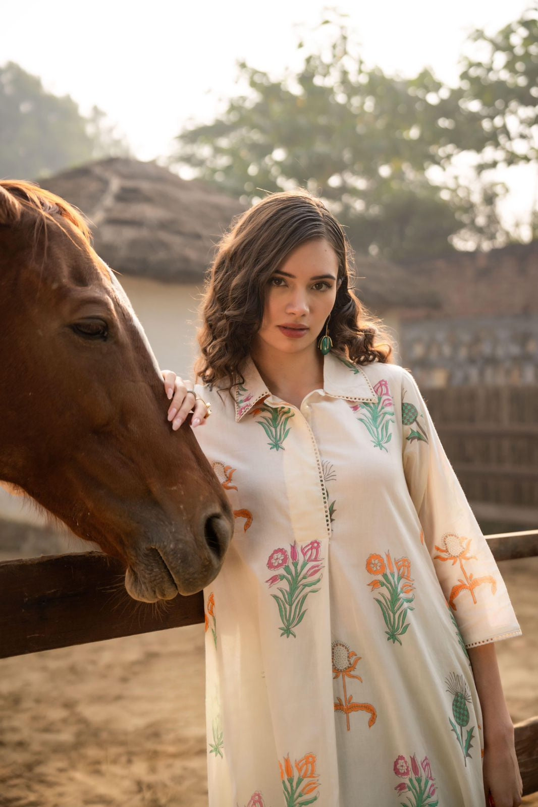 Women's beige floral block printed A-line Kurta with sage green pants in M