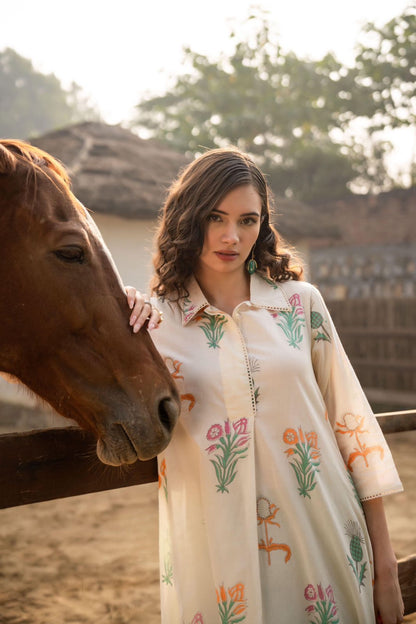 Women's beige floral block printed A-line Kurta with sage green pants in M