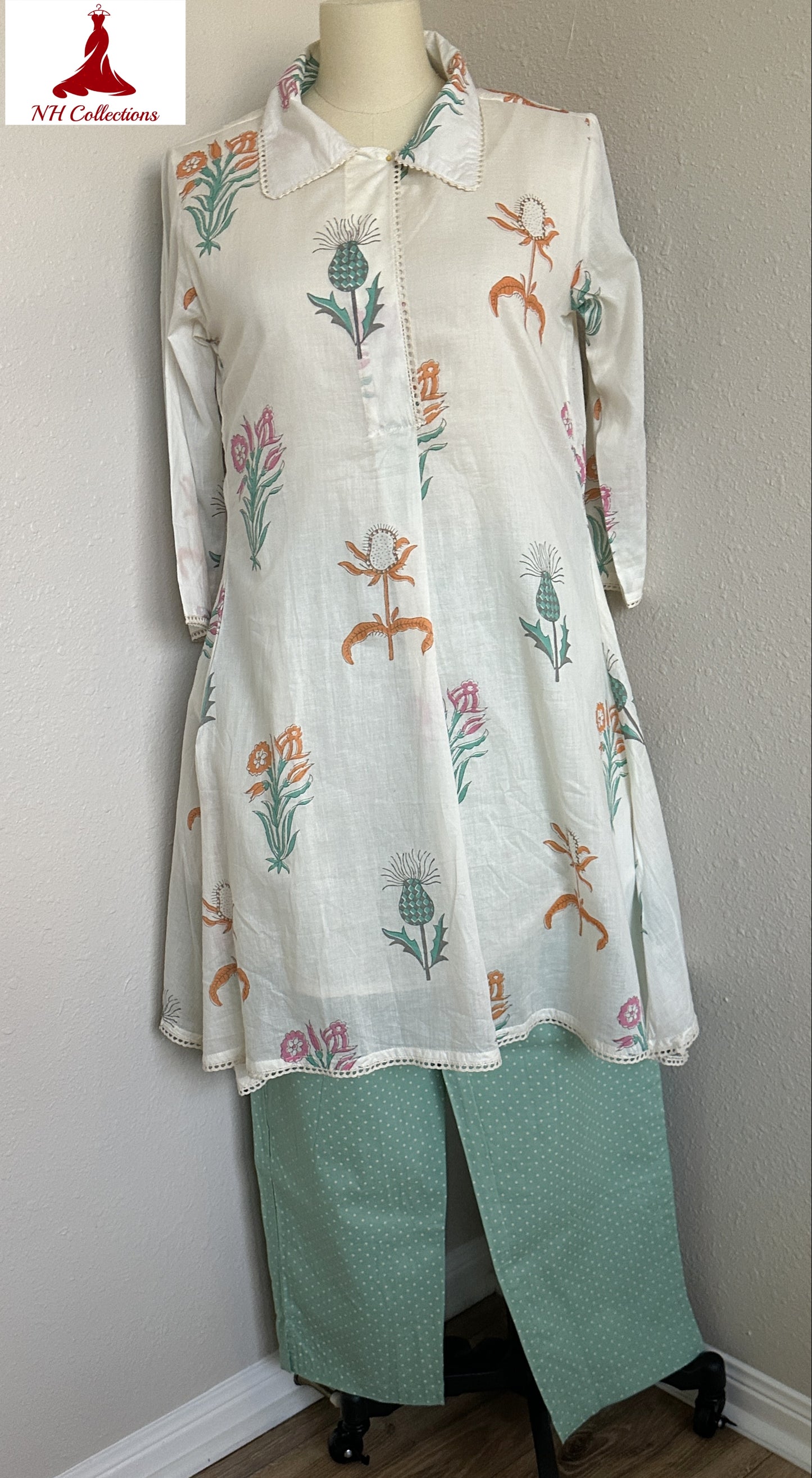 Women's beige floral block printed A-line Kurta with sage green pants in M