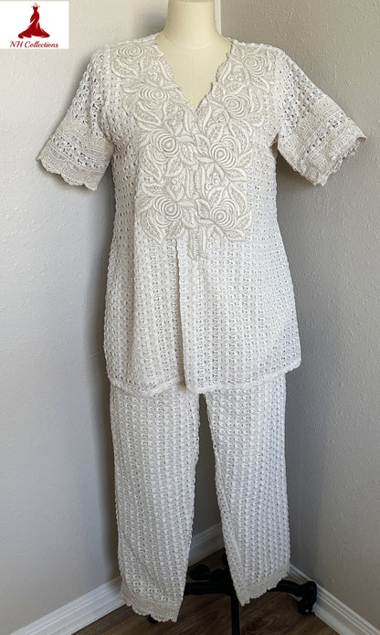 Women's elegant off-white Two-Piece crochet set in L
