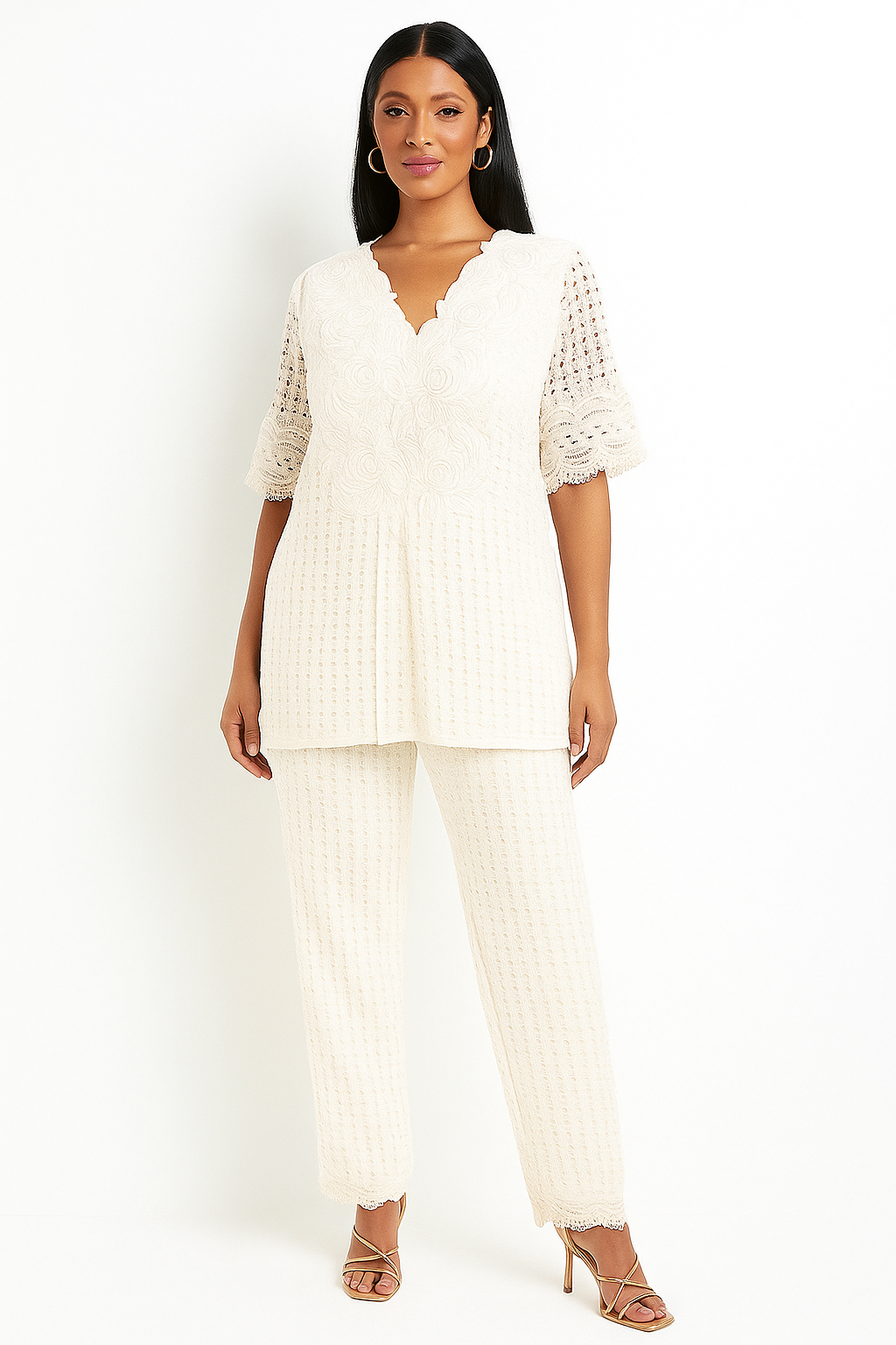 Women's elegant off-white Two-Piece crochet set in L