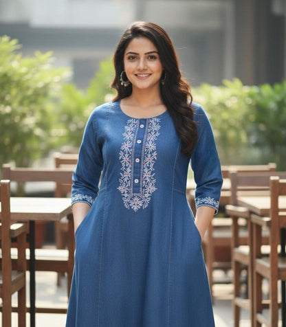 Women's Denim Aline dress with embroidery on neckline in S & L