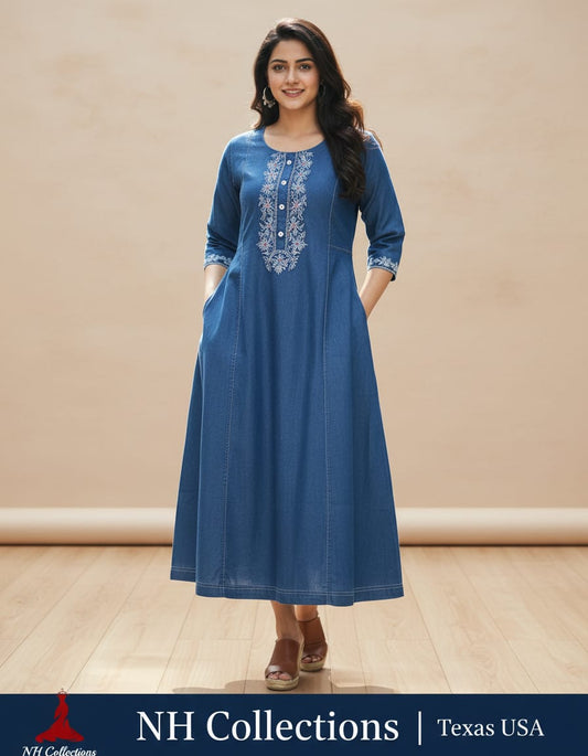 Women's Denim Aline dress with embroidery on neckline in S & L