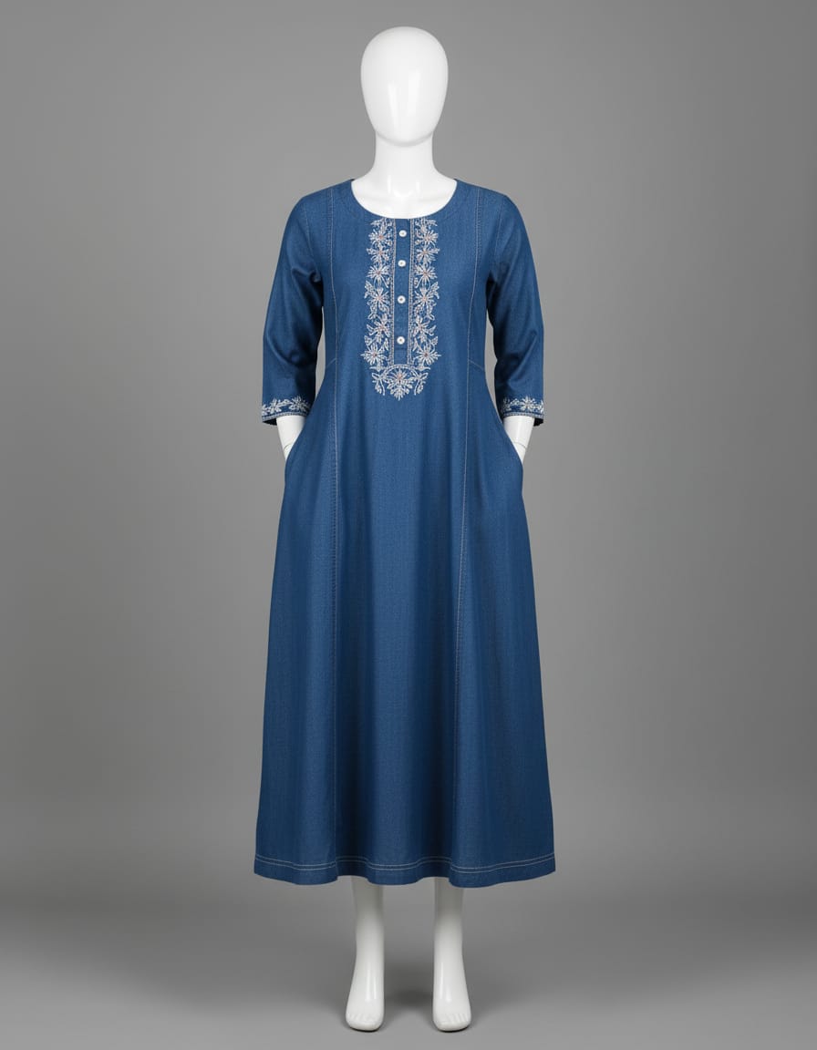 Women's Denim Aline dress with embroidery on neckline in S & L