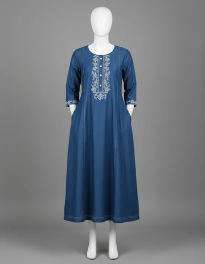 Women's Denim Aline dress with embroidery on neckline in S & L