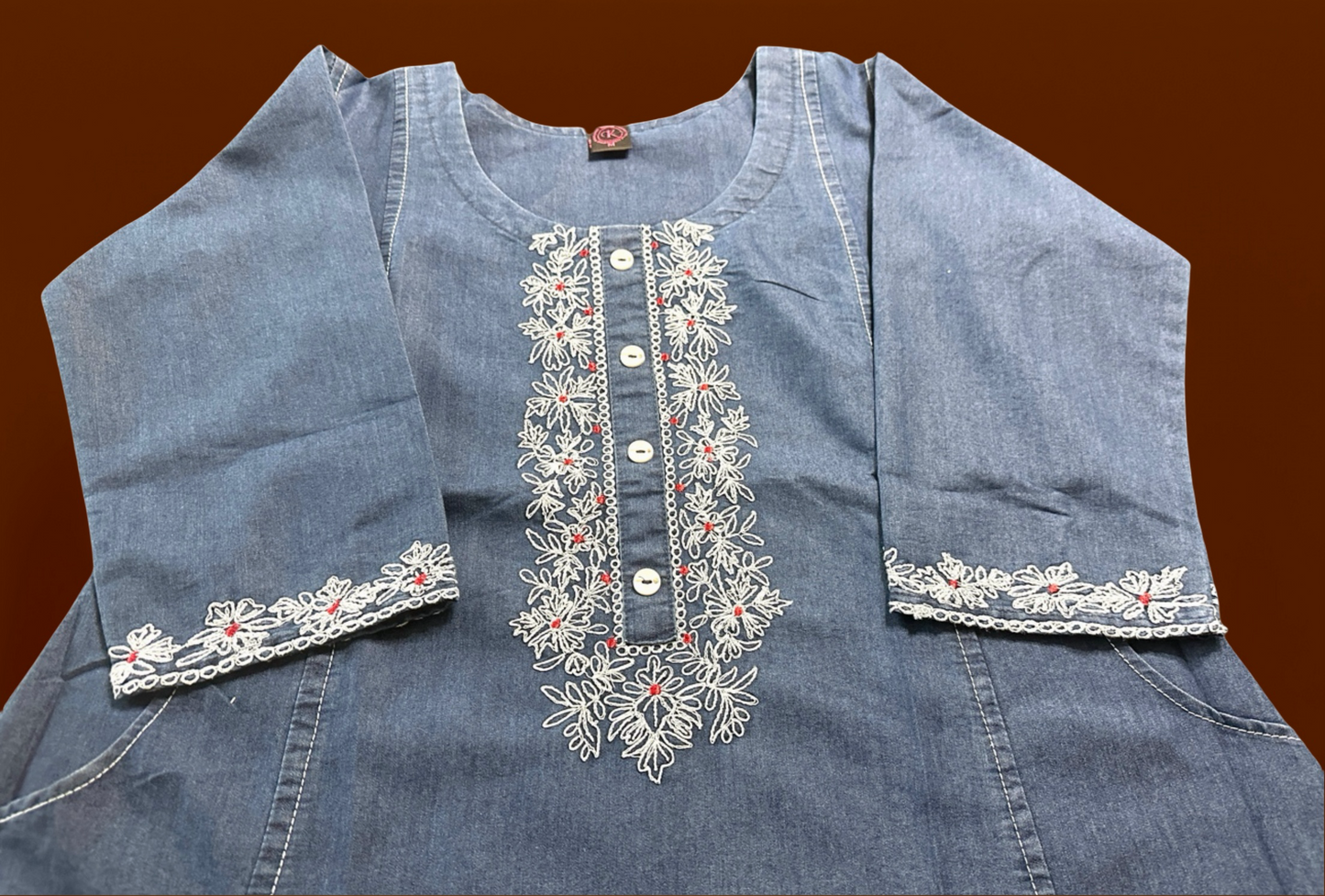 Women's Denim Aline dress with embroidery on neckline in S & L