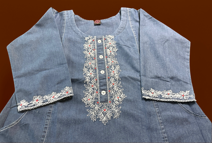Women's Denim Aline dress with embroidery on neckline in S & L