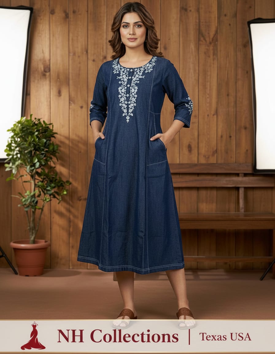Women's Denim Aline dress with embroidery on neckline & sleeves in M