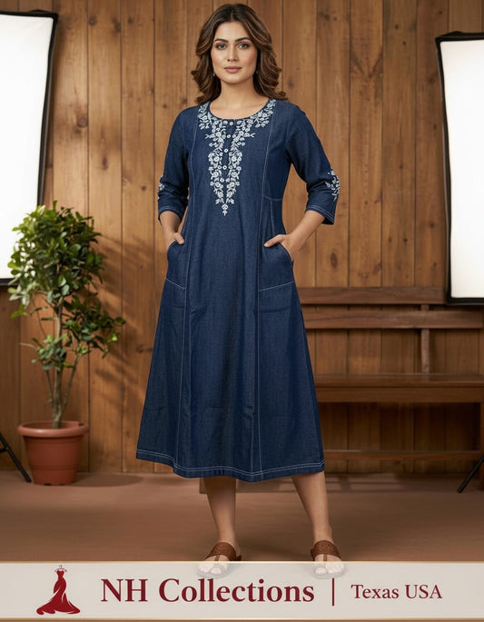 Women's Denim Aline dress with embroidery on neckline & sleeves in M