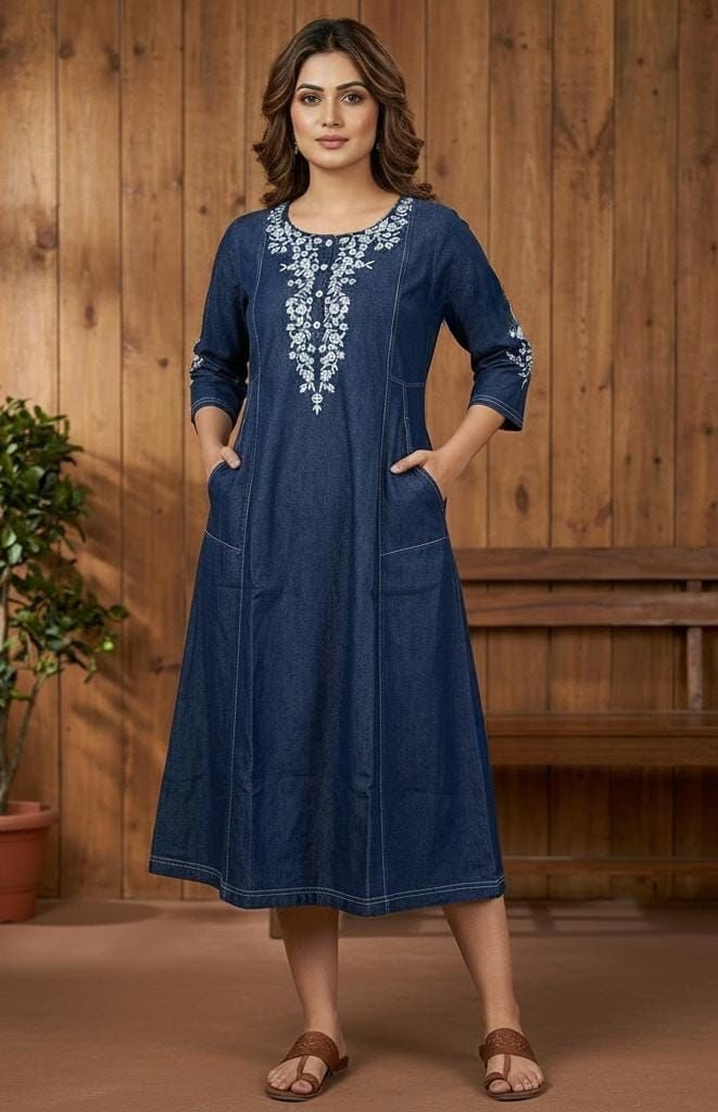 Women's Denim Aline dress with embroidery on neckline & sleeves in M