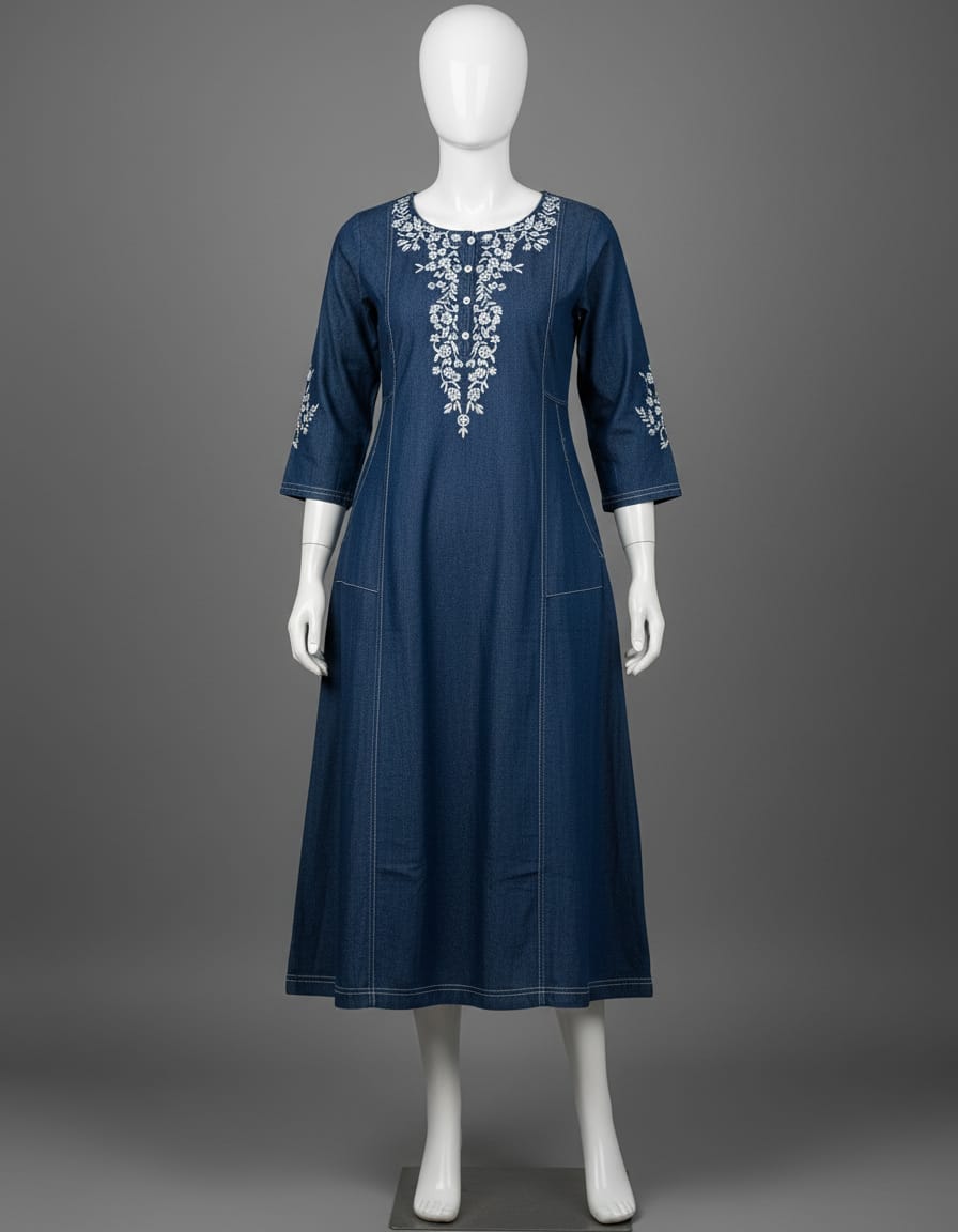 Women's Denim Aline dress with embroidery on neckline & sleeves in M