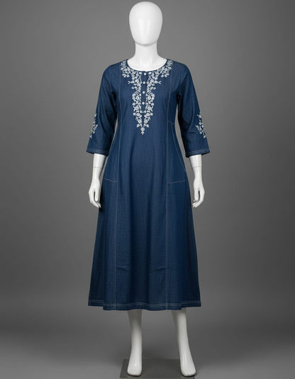 Women's Denim Aline dress with embroidery on neckline & sleeves in M