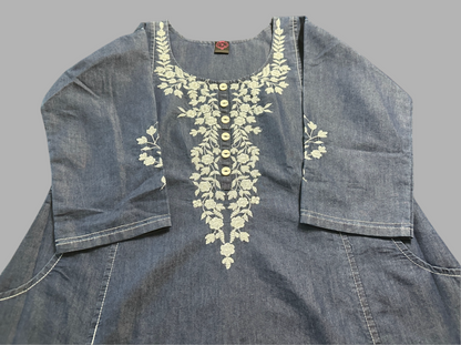 Women's Denim Aline dress with embroidery on neckline & sleeves in M