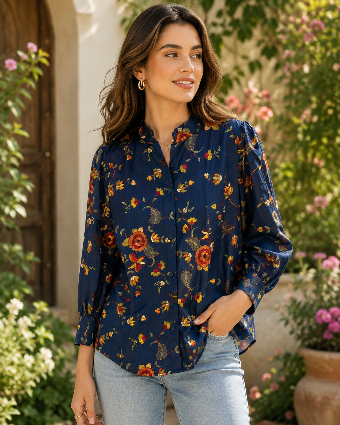 Women’s Floral Embroidered Cotton Silk Top in XL