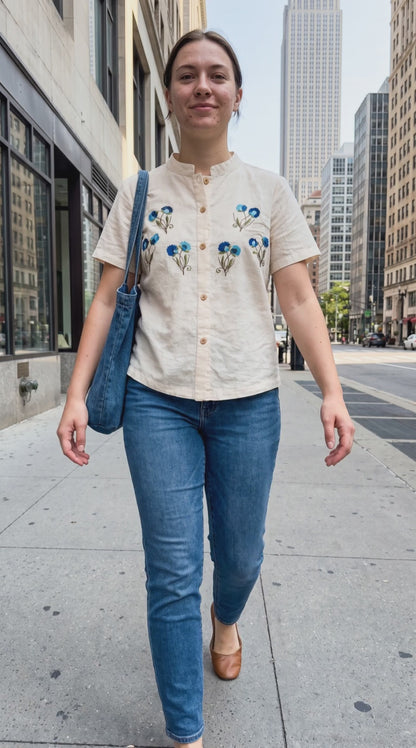 Women's Off-White Cotton Floral Embroidered Top (XL & 2XL)