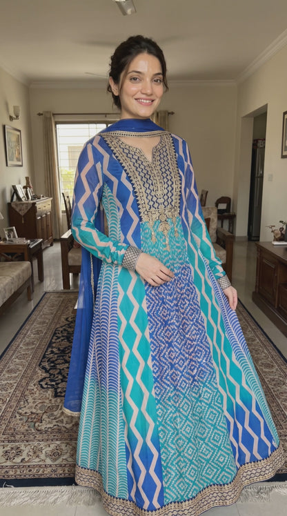 Women's Pleated Chinon A-Line Flared Dress with Dupatta